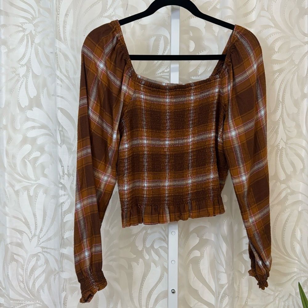 SO Brown/Pink Plaid Smocked Long Sleeve Crop
